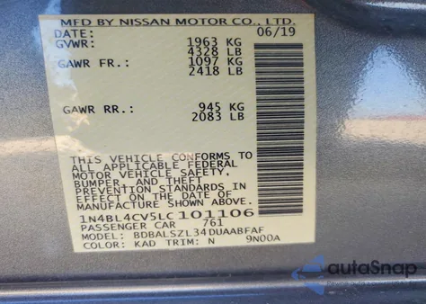 2020 Nissan Altima Sr z USA, uszkodzony, nr VIN 1N4BL4CV5LC101106